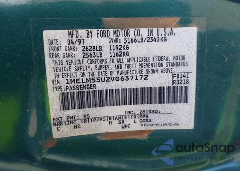 1997 Mercury Sable Gs from USA, damaged, VIN 1MELM55U2VG637172